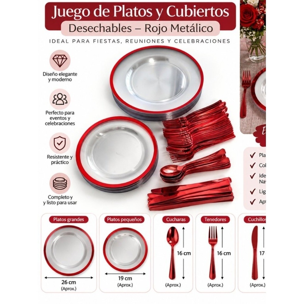 Metallic Red Silver Disposable Tableware Set Plates Cutlery Party Supplies NEW